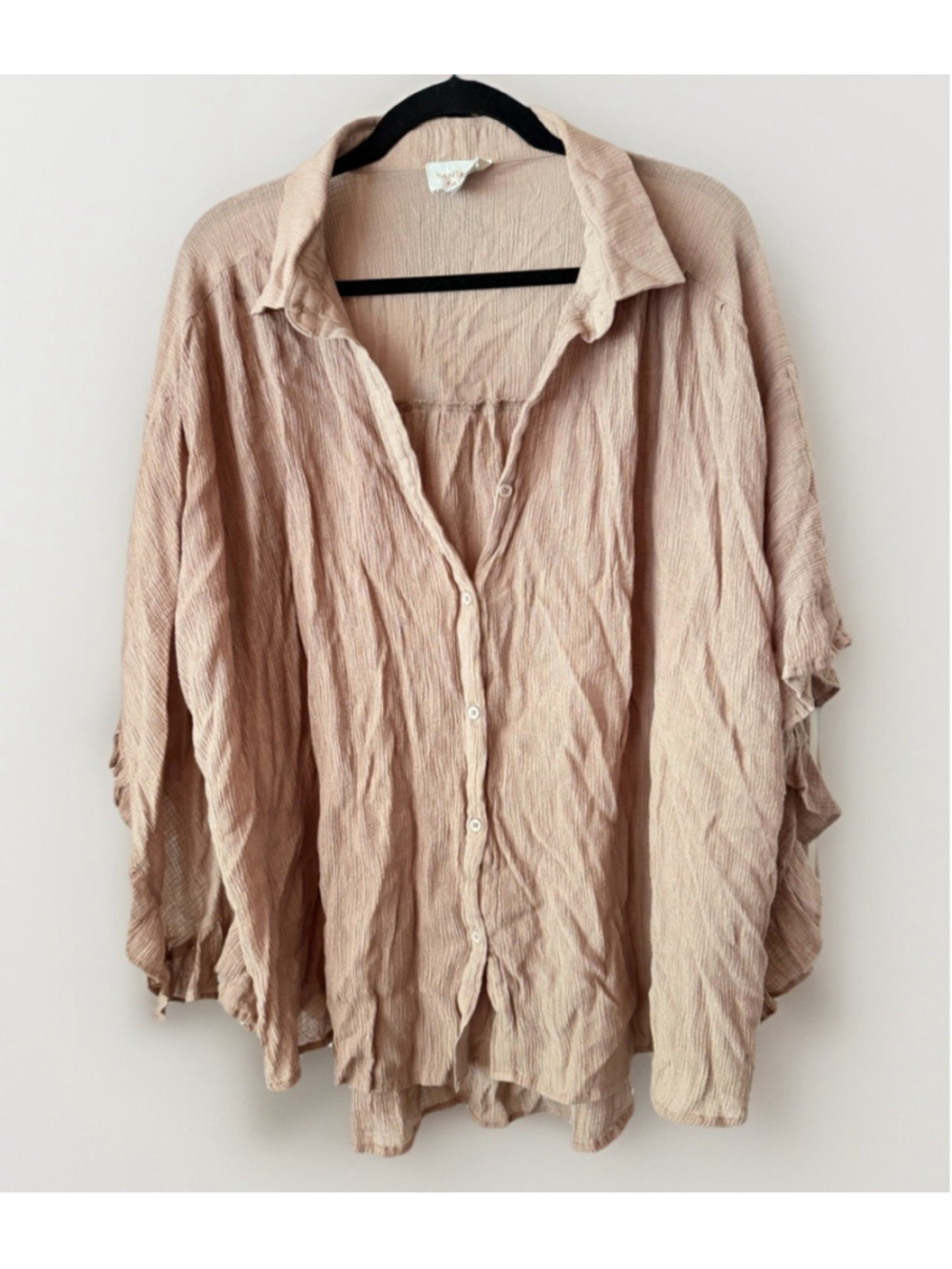 ☀️ Fantastic Fawn L Beige Gauze Button Front Kimono Top Boho Lagenlook Ruffle